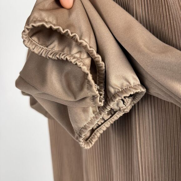 Vintage 70s Taupe Champagne Pleated Belted Midi Dress - Picture 7 of 9